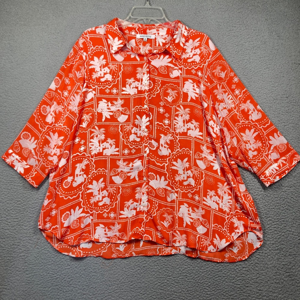 Rose + Olive Button Front Blouse Womens 2X Orange Tropical Palm Tree 3/4 Sleeve
